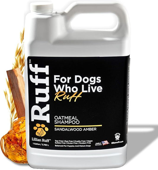 Ruff by Lillian Ruff Oatmeal Dog Shampoo Sandalwood Amber – Moisturizing Pet Shampoo with Aloe & Coconut Oil – Relieves Itching, Hot Spots & Odor – Puppy Safe – Made in USA (Gallon)