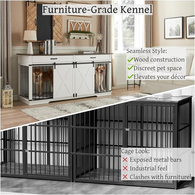 Dual Dog Kennel for 2 Medium Dogs, Wooden Furniture-Style Pet Crate with Removable Divider - 72.5 inch W Indoor Dog Cage Doubles as TV Stand & Display Shelf (White)