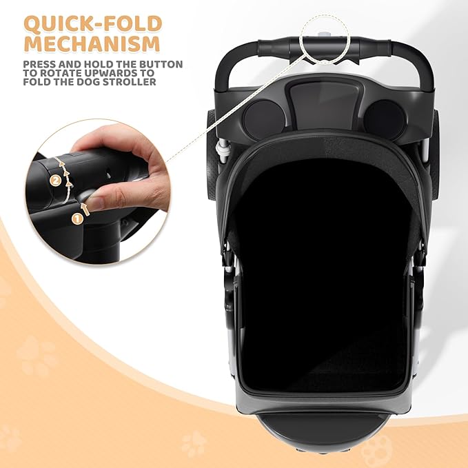 Magshion 3-Wheel Pet Stroller, Foldable Travel Jogger for Small & Medium Dogs & Cats (Up to 33lbs), Lightweight Carrier with Breathable Mesh Cover, Cup Holder & Storage Basket, Black