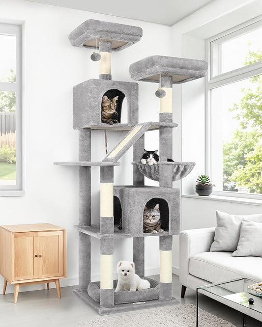 Globlazer Large Cat Tree Tower for Indoor Cats, 74in Tall Sturdy Cat Tree Condo for Large Cat with Scratching Posts and Board, Cat Condos for Adult Cats Kittens, Top Perches，Pet Bed, F74D, Light Grey