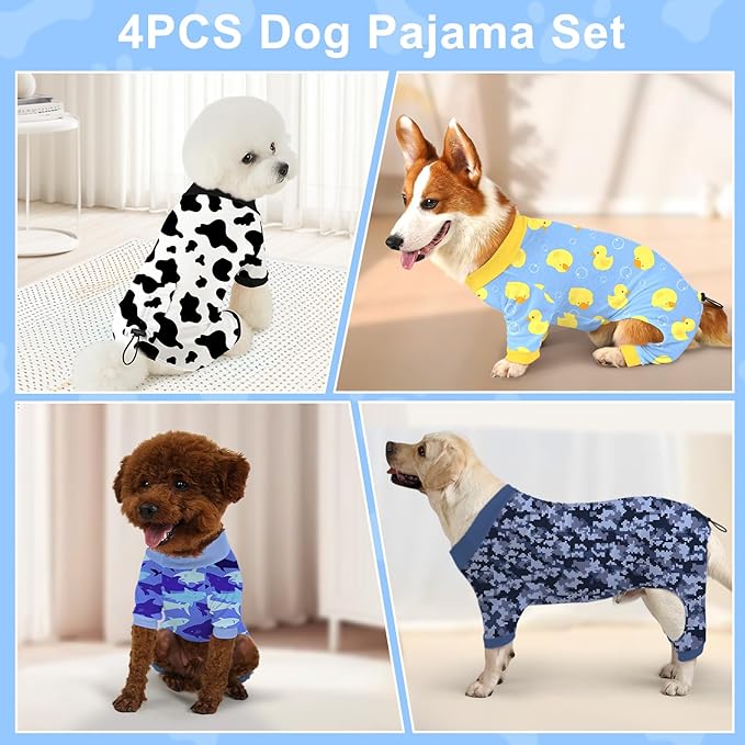 Bienbee Dog Pajamas, 4 Pack Cute Soft Dog Puppy Clothes Dogs Pjs Onesies Jammies Outfit Adjustable Breathable & Stretchy Clothes for Small Medium Large Dogs Girl Boy Puppy-XS