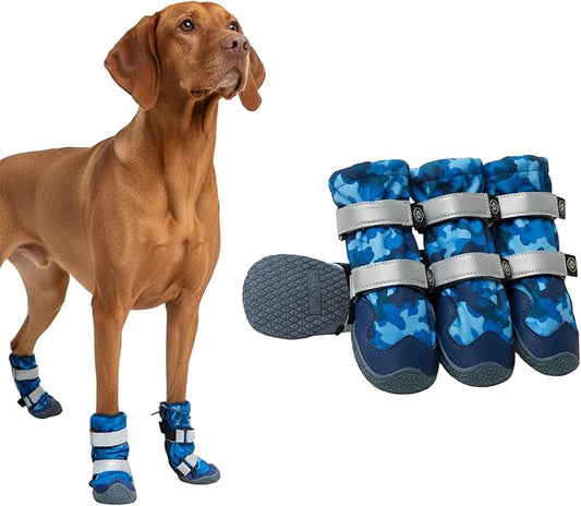 Spark Paws Dog Shoes, Waterproof Dog Boots for Medium to Large Dogs, Non Slip, Breathable Dog Booties and Paw Protectors - 4PCS Doggie Hiking Boots with Reflective Straps, Blue Camo, Size 7