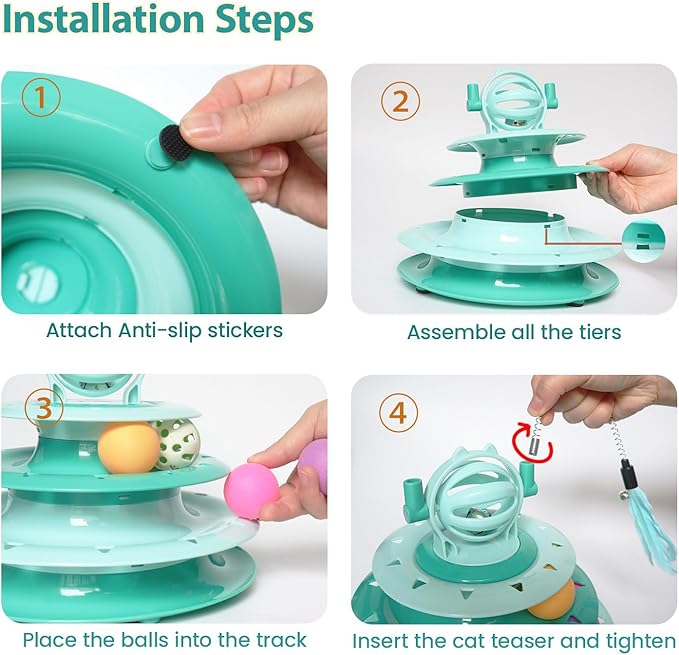 Kitten Toys, Interactive Cat Puzzle Toys for Indoor Cats, Cat Tower with 2 Kitty Teasers and Ball Track (Green)