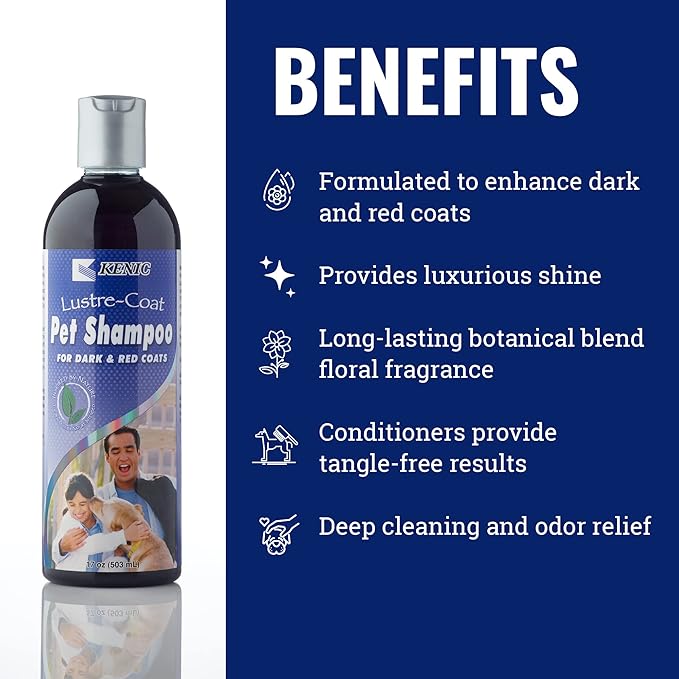Kenic Lustre Coat Dog & Cat Shampoo Color Enhancing Formula for Dark and Red Coats Restores Shine and Vibrancy Cruelty Free Soap and Paraben Free Professional Grooming Formula Made in USA
