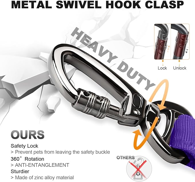 Tactical Dog Collar and Bungee Leash,Military Dog Collar & Leash Set with USA American Flag Adjustable K9 Collar with Heavy Duty Metal Buckle & Handle,with Patches and Airtags Case (Purple, L)