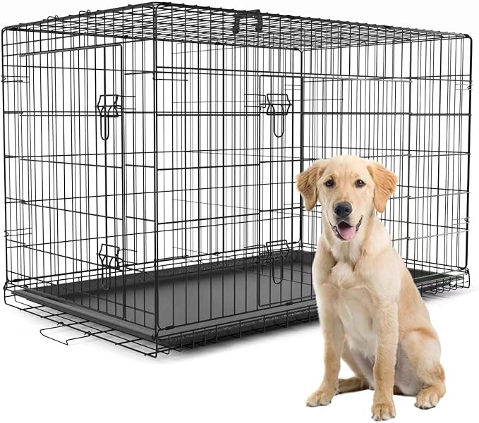 PetsTuff GREAT CRATES 48” XX-Large Dog Crate - Heavy-Duty Dog Kennel With Divider Panel For Pets 90-110lbs - Durable Leaf-Proof Tray - Foldable, Carry Handle & Wheels For Easy Moving - 2 Door Dog Cage
