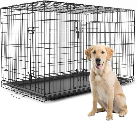 PetsTuff GREAT CRATES 48” XX-Large Dog Crate - Heavy-Duty Dog Kennel With Divider Panel For Pets 90-110lbs - Durable Leaf-Proof Tray - Foldable, Carry Handle & Wheels For Easy Moving - 2 Door Dog Cage