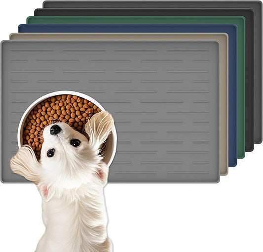 18"x12" Dog Food Mat, Silicone Dog and Cat Mats for Food and Water Bowls, Waterproof Raised Edge Pet Feeding Mat for Contain Spills Protects Floors, Multiple Colors & Sizes for Pets, Light Gray