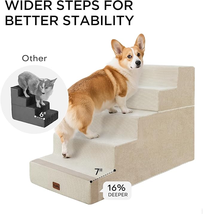 Made4Pets Dog Stairs for High Bed, Extra Wide Pet Stairs for Bed Couch Sofa, 35D Foam Pet Steps for Small Dogs and Cats(Up to 40lbs), Non-Slip Bottom Dog Steps, Beige, 5 Steps
