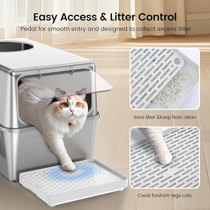 Enclosed Stainless Steel Litter Box with Lid, Enclosed Metal with High Sides, Large Cat Litter Box, Dog-Proof, Odor Control, Easy to Clean,Durable with Round Edge (Front Entry)