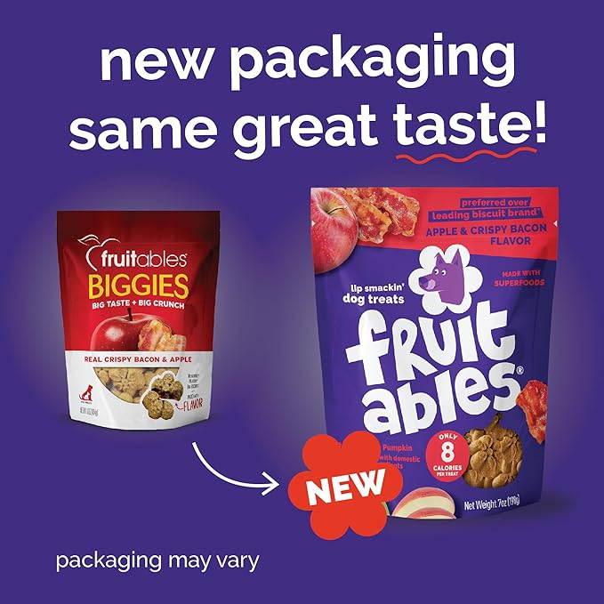 Fruitables Baked Dog Treats, Healthy Pumpkin Treat for Dogs, Low Calorie & Delicious, Free of Wheat, Corn and Soy, Made in The USA, Apple and Crispy Bacon Flavor, 20oz