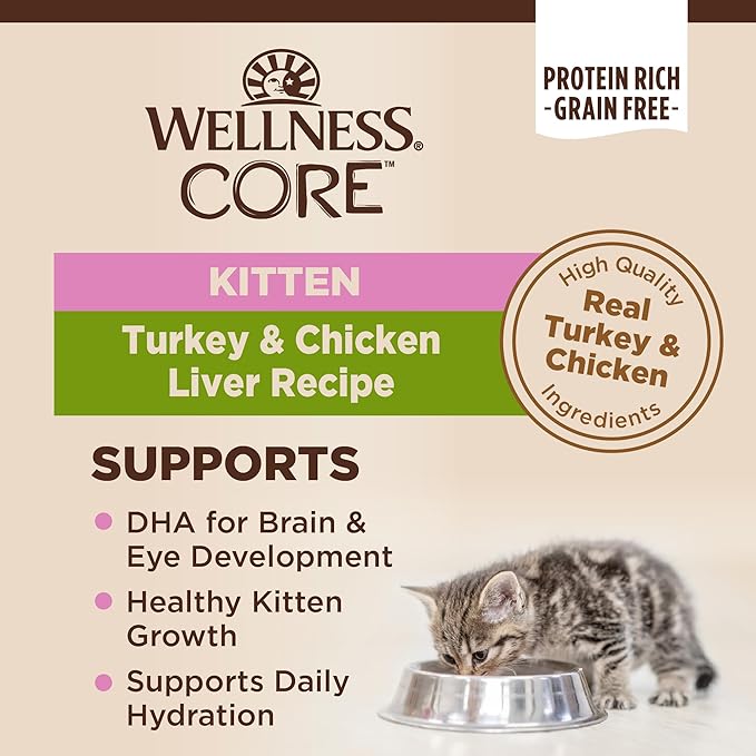 Wellness CORE Pate Kitten Wet Cat Food, Natural, Protein-Rich, Grain Free, 3 Ounce, 12 Pack (Turkey & Chicken Liver)