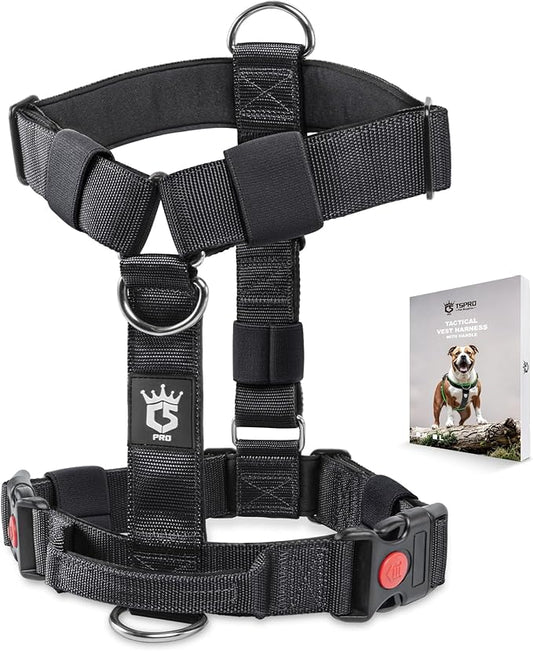 TSPRO Heavy Duty Premium Tactical Dog Harness for Large Dogs, No Pull, Adjustable Fit, Quick-Release Buckle, Padded Handle, Perfect for Hiking, Walking, Running & Training (Black L 25)