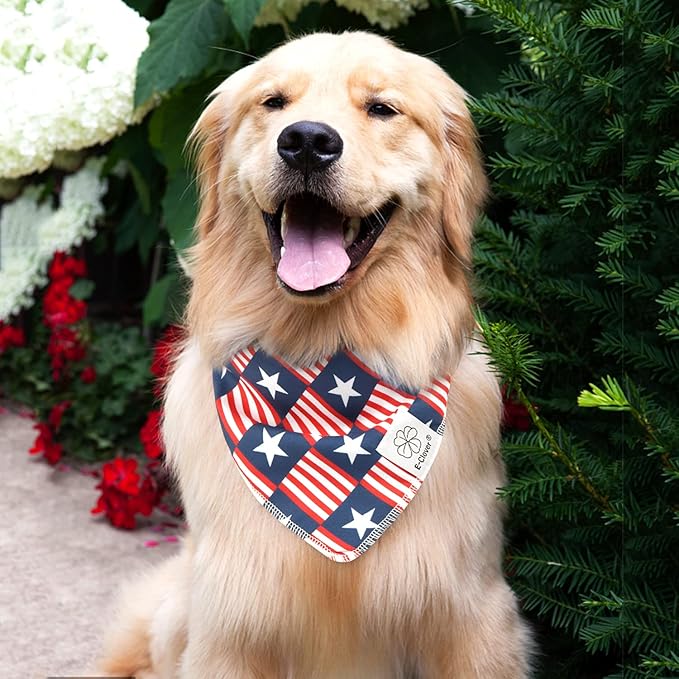 E-Clover 4th of July Dog Bandanas & Matching Scrunchie Set American Flag Dog Scarf Washable Patriotic Pet Bandana Kerchief Bibs for Medium Large Dogs Owner Gifts