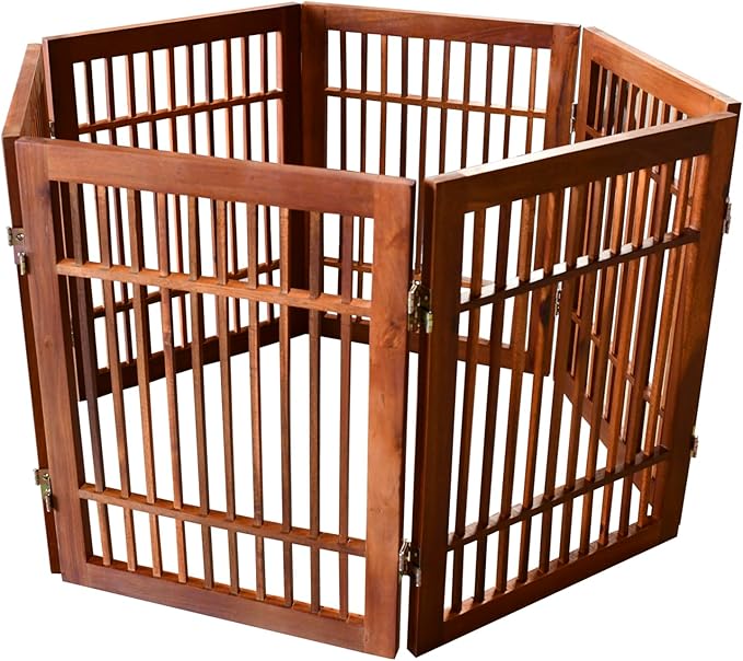 Pet Dog Gate Strong and Durable Freestanding Folding Acacia Hardwood Portable Wooden Fence Indoors or Outdoors by Urnporium (Brown Pet Gate, 6 Panel 24" Tall)