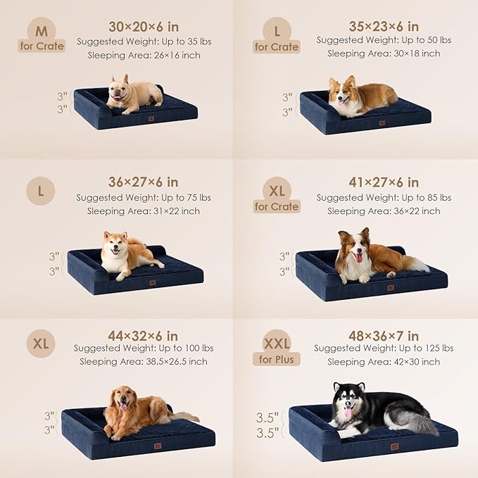 EHEYCIGA Memory Foam Dog Bed Medium Sized Dogs, Waterproof Dog Bed Orthopedic with Washable Removable Cover, Non-Slip Pet Bed Couch for Crate, 30x20x6 Inches, Navy Blue