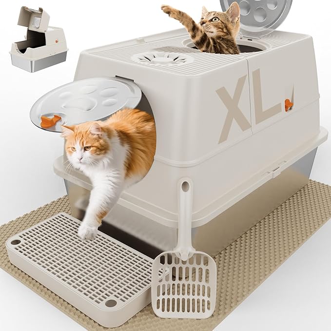 Stainless Steel Litter Box with Lid, XL Extra Large Litter Box, Enclosed Top Entry Metal Litterbox for Big Cats, Easy Cleaning, Anti-Leakage & High Sided with Mat, Aisle & Scoop, Beige