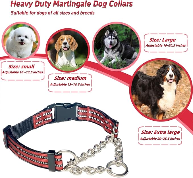 Martingale Dog Collars, Reflective Nylon Collar with Stainless Steel Chain, Adjustable Walking Training Dog Collars with Quick Release Buckle, Suitable for Small Medium Large Dogs(Red,S)