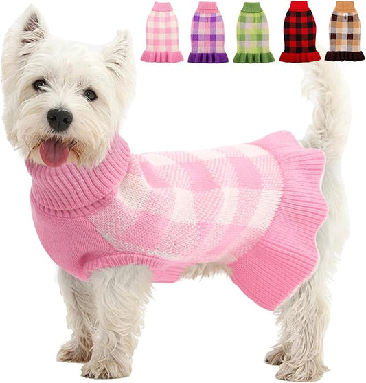 Dog Sweater Dress Plaid Knitwear for Small Medium Dogs Warm Puppy Pet Turtleneck Stretch Pullover Cute Fall Winter Vest Clothes with Leash Hole for Christmas (Pink, L)