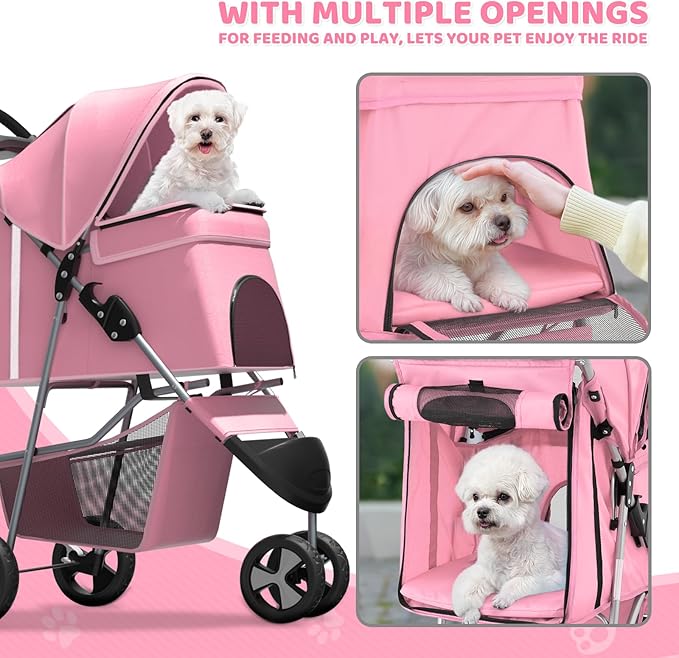 Magshion 3-Wheel Pet Stroller, Foldable Travel Jogger for Small & Medium Dogs & Cats (Up to 33lbs), Lightweight Carrier with Breathable Mesh Cover, Cup Holder & Storage Basket, Pink