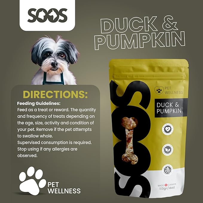 SOOS Natural Duck and Pumpkin Treats for Dogs & Cats - High Protein, Grain Free, Vitamin Minerals, Healthy Training Treats - 113g