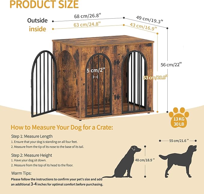 26.8'' Wooden Dog Crate Furniture, Indoor Dog Kennel Dogs Cage for Small Dogs, Heavy Duty Dog Crates Decorative Pet House End Side Table TV Stand, Rustic Brown DFC85501B