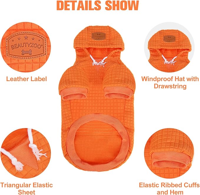 BEAUTYZOO Small Dog Hoodie Sweater with Pockets, Dog Clothes for Small Medium Dogs Boy Girl, Waffle-Like Laminated Cotton Pet Coats with Hat and Leash Hole, Orange ML