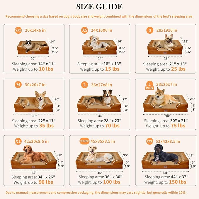 Comfort Expression Orthopedic Dog Bed for Medium Dogs 30x20 Inch, Waterproof Supportive Egg Crate Foam Medium Pet Bed with Removable Bolsters, Dog Couch with Washable Cover & Non-Slip Bottom, Orange