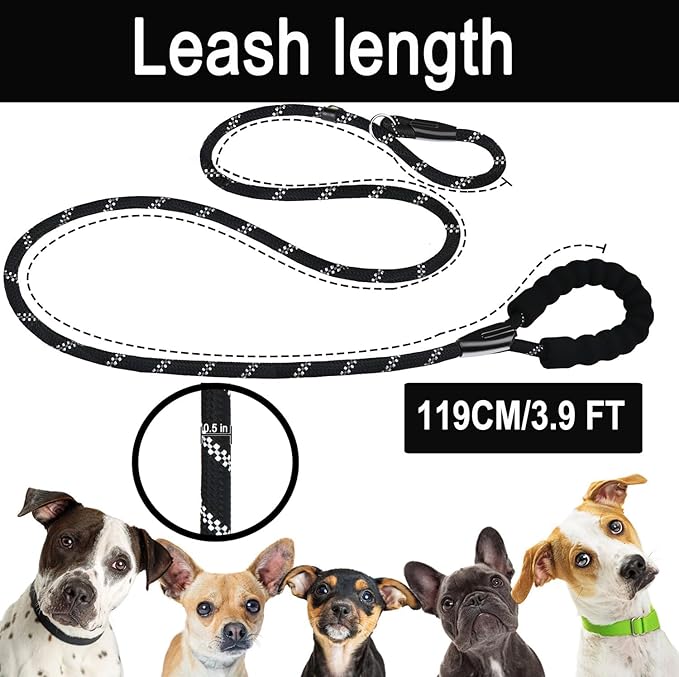 Dog Leash 3.9 FT, Durable Premium Quality Strong Training Rope Slip Leash with Comfortable Padded Handle and Highly Reflective Threads for Small Medium and Large Dogs, (Black)