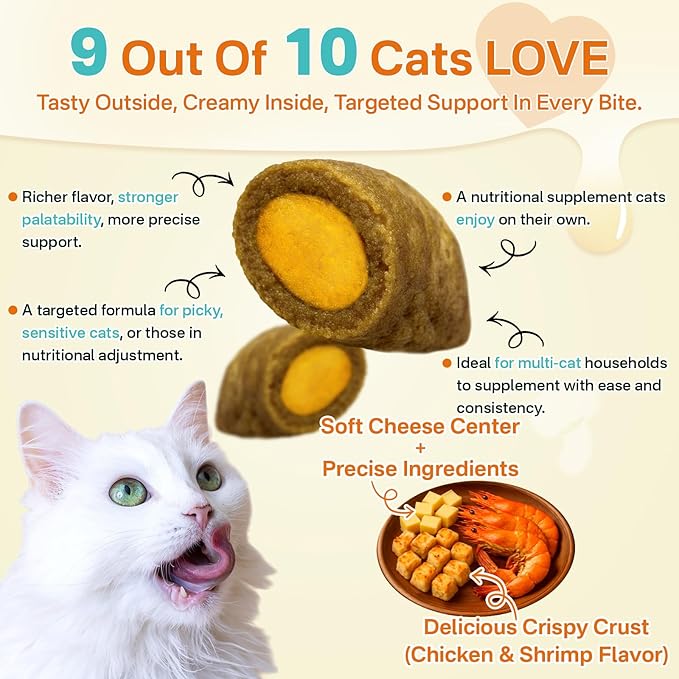 Cat Probiotics & FOS Chews - Digestive + Gut Support, 500 Crunchy & Creamy Chews, Constipation Relief + Nutrient Absorption + Immune, Daily Probiotics Chews for Cats Kittens (Chicken Shrimp)