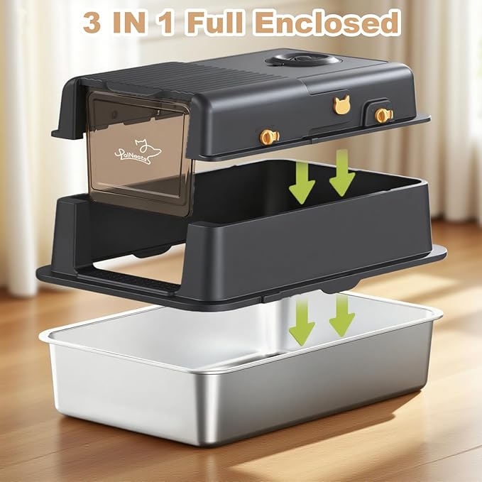 L8 Max-XXXL Stainless Steel Litter Box with Lid, 28" L x 20.5" W x 17.4" H Large Cat Litter Box for Big Cats, Cat Litter Deodorizer Included, High Sided Enclosure with Scoop & Mat, Anti-Leakage-Black