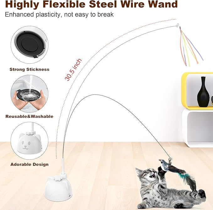Cat Toys Feather Wand Enhanced Suction Cup Interactive Cat Toy Auto-Swing Cat Wand Toy with 3PCS Replacement Teaser Refills with Bell Bird/Ribbon/Worm