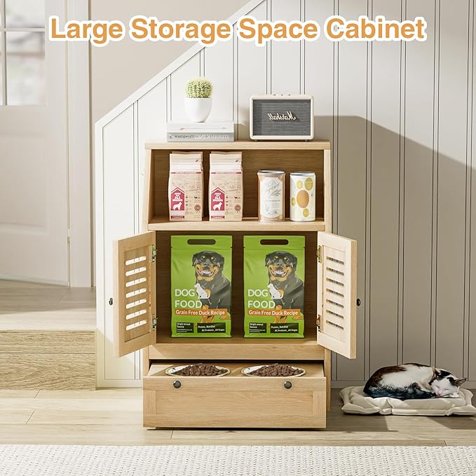 Giluta Dog Feeding Station with Storage Cabinet and 2 Elevated Dog Bowls, Hidden Pet Feeder Station Wood, Dog & Cat Storage Organizer, Natural Wood