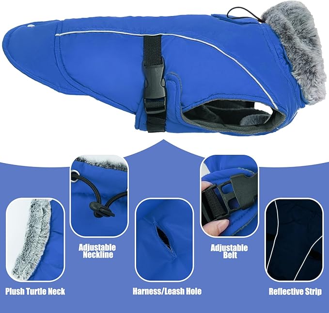 DENTRUN Medium Dog Winter Jacket - Warm Reflective Windproof Coat, Adjustable Neck & Snap Closure, Water Repellent Thick Fleece Vest, Fleece Lined for Beagle Pug, Blue, M