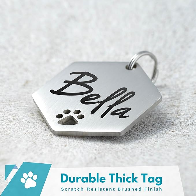 Ultra Joys Personalized Dog Tags - Hollow Paw Custom Pet ID - Engraved Dog Tags for Small, Large Dogs - Large Hexagon in Silver