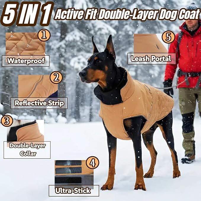 Outdoor Classic Quilted Upgraded Dog Winter Coat, Waterproof & Lightweight Coats for Large Dogs, 2-Layer Warmth Jacket with Reflective Strip Leash hole, Active Fit Pet Clothes for Girls Boys(Khaki,XL)