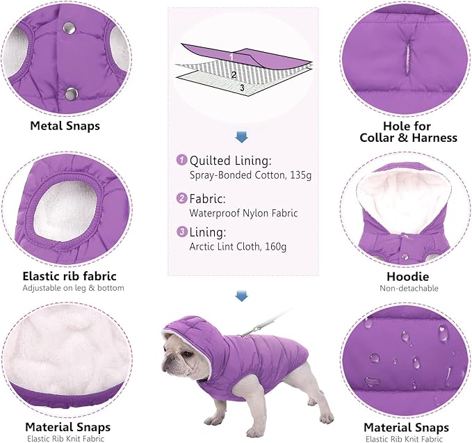 Fleece Hoodie for Dogs - Windproof Waterproof Coat, Winter Warm Jacket, Cold Weather Pet Apparel Clothes Vest for Small Medium Dogs (S, Purple)