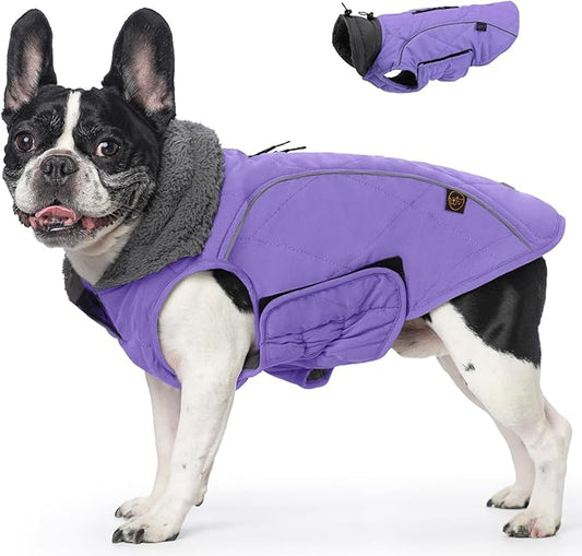 EMUST Thick Winter Dog Coat for Medium Boys - with Harness Hole for Cold Weather - Purple, M