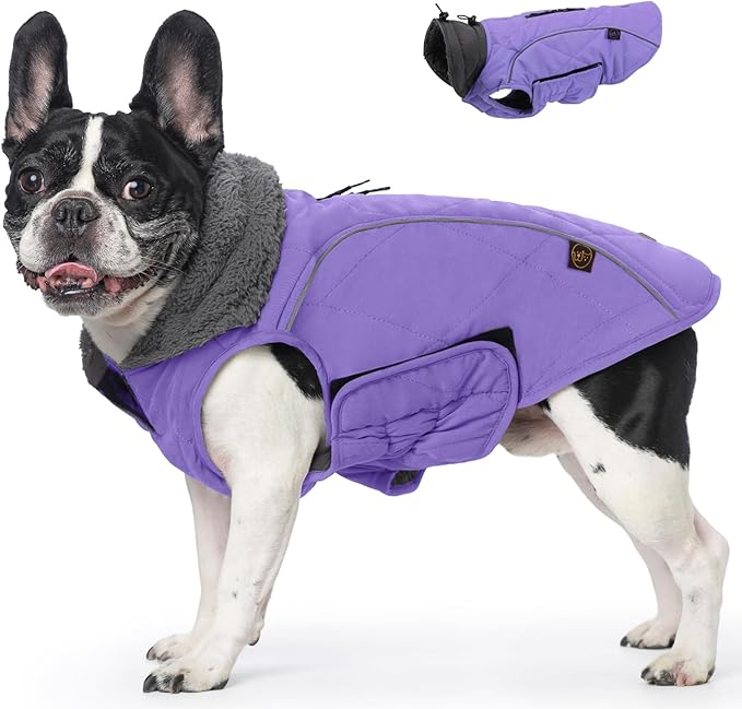 EMUST Dog Winter Coats, Windproof Dog Jackets for Cold Weather with Lofty Collar, Reflective Puppy Clothes for Small Dogs Clothes, Purple, S