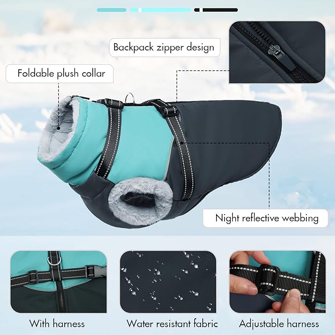 Warm Dog Coat With Harness - Waterproof Windproof Zipper, Fleece Lined Puffer Jacket for Large Dogs, Winter Snow Coat
