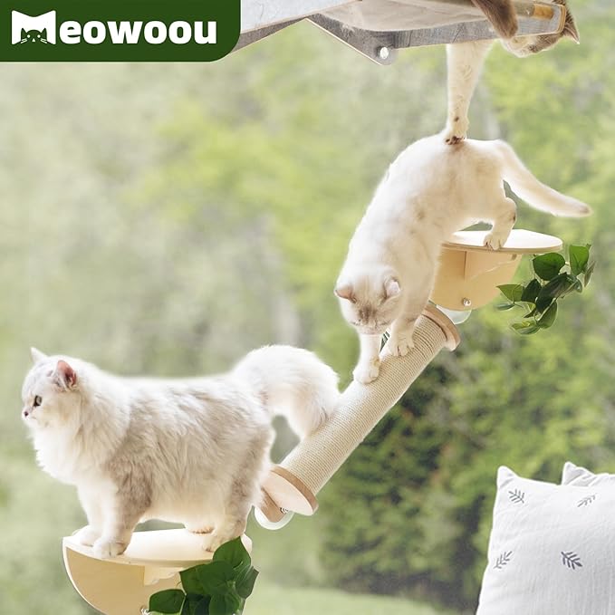 Meowoou Cat Window Scratching Post with Climbing Steps and Perches Wooden Window Mounted Cats Bed for Indoor Cats with Suction Cups(3 Pcs Cat Window Climber Set)
