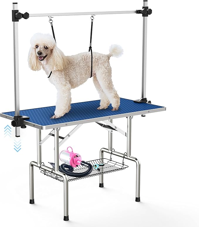 46''Large Dog Grooming Table, Adjustable Cat Drying Desktop with Arms, Nooses, Mesh Tray, Foldable Pet Station at Home, Maximum Capacity Up to 330Lb, 46inch, Blue