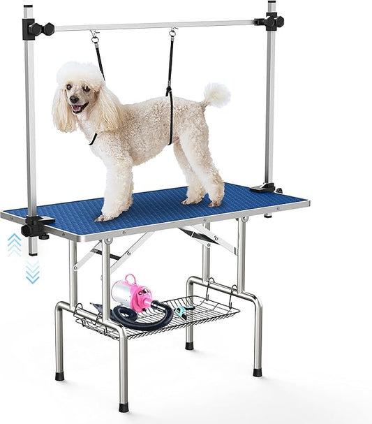 36''Large Dog Grooming Table, Adjustable Cat Drying Desktop with Arms, Nooses, Mesh Tray, Foldable Pet Station at Home, Maximum Capacity Up to 330Lb, 36inch, Blue