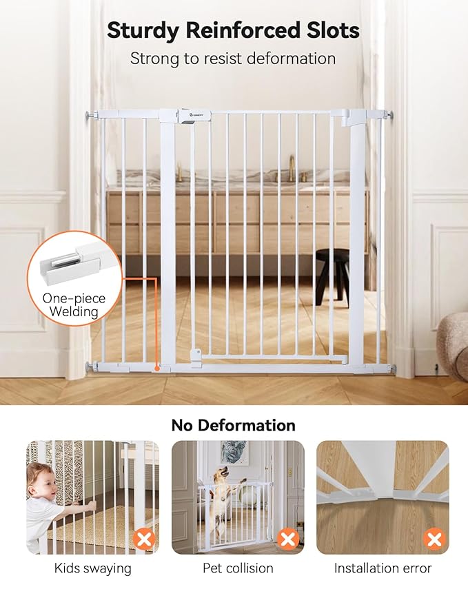 COMOMY 36" Extra Tall Baby Gate for Stairs Doorways, Fits Openings 29.5" to 46" Wide, Auto Close Extra Wide Dog Gate for House, Pressure Mounted Easy Walk Through Pet Gate with Door, White