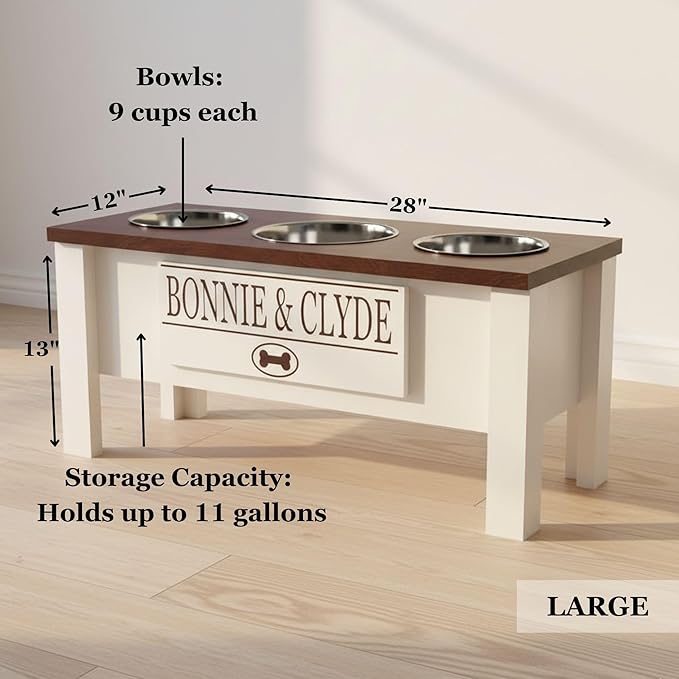 GrooveThis Woodshop - Personalized Elevated Triple Dog Bowl Stand for Large, Medium, Small, X-Small Dogs - 3 Stainless Steel Food and Water Bowls - Raised Dog Dish with Internal Storage (Large, Brown)