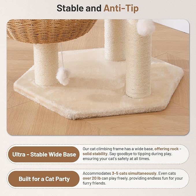 Rattan Cat Tree House with Scratching Post,Wicker Basket,Bed,and Stand Modern Cat Climbing Tower Condo for Indoor Large Adult Cat