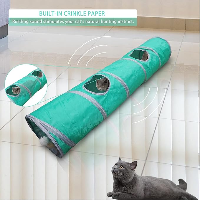 Petest Cat Tunnel for Indoor Cat Collapsible Cat Play Tube with Play Ball and Fringe, Interactive Pet Crinkle Tunnel for Kittens, Length 47 inch, Diameter 9.7 inch