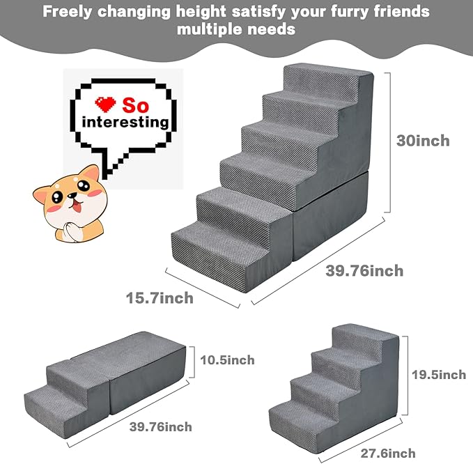 Dog Steps for High Beds 30-32" H - 6-Step Dog Stairs for Small Dogs, 33D Foam Pet Steps for High Bed with Non-Slip Bottom and Washable Cover, Dogs Ramp for Bed Indoor, Grey