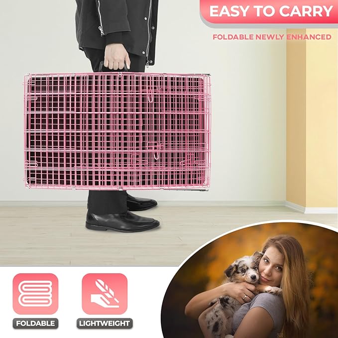 FDW Dog Crate Dog Kennel Cage with Double Door,36 inch Folding Metal Wire Dog Cage with Removable Tray&Divider Panel,Pet Crate for Medium Dogs,Pink