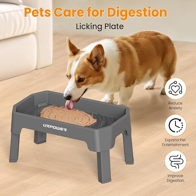 URPOWER 3-in-1 Elevated Dog Bowls - Mess Proof Double Deck 4 Height Adjustable Raised Stand with 2 Stainless Steel Food Bowls & Licking Plate for Small, Medium & Large Dogs